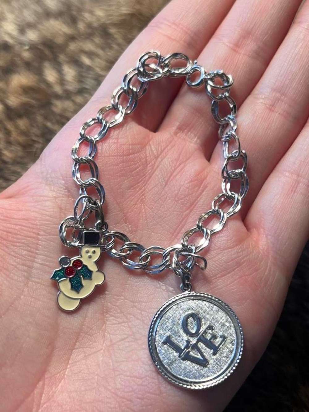 Sterling silver "love" and enamel snowman charm bracelet